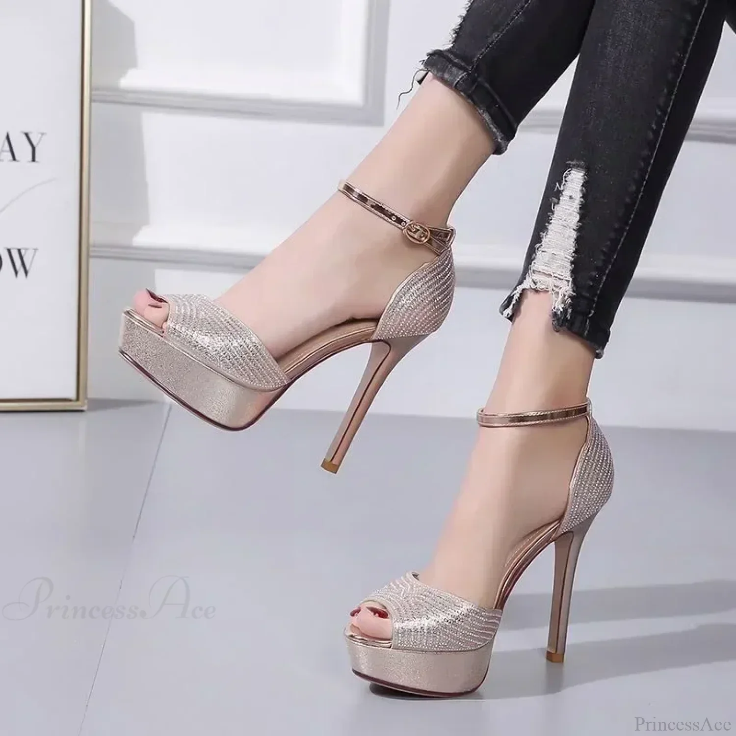 Black/Brown Waterproof Sexy Peep Toe Narrow Band Cross Hollow OutBuckle Strap Thick High Heels Wedding High Heel