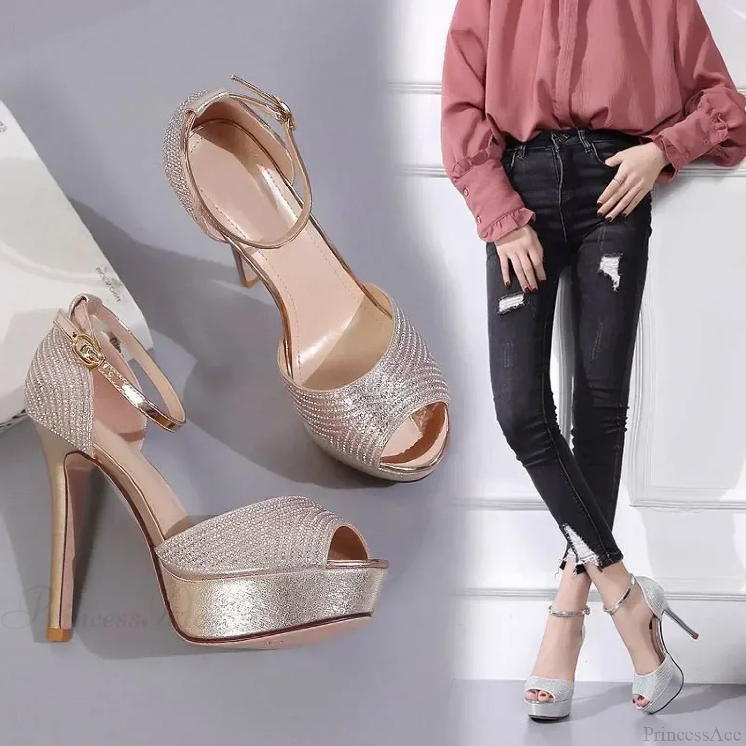 Black/Brown Waterproof Sexy Peep Toe Narrow Band Cross Hollow OutBuckle Strap Thick High Heels Wedding High Heel - Image 5