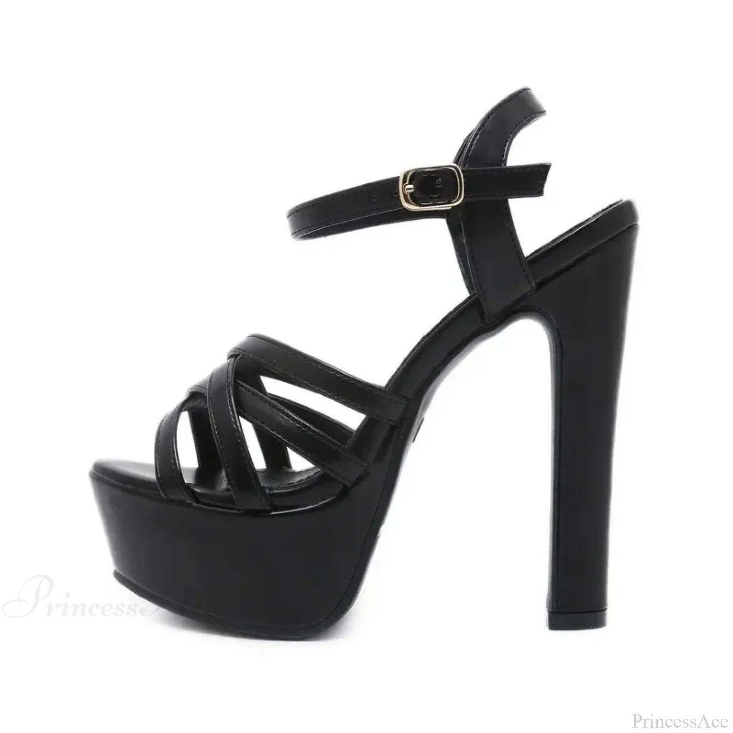 Black/Brown Waterproof Sexy Peep Toe Narrow Band Cross Hollow OutBuckle Strap Thick High Heels Wedding High Heel - Image 6