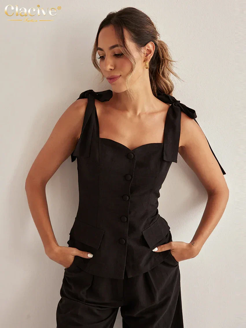 Black Cotton Slim Sleeveless Office Two Piece Set - Image 3