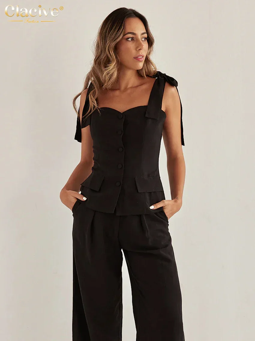 Black Cotton Slim Sleeveless Office Two Piece Set - Image 4