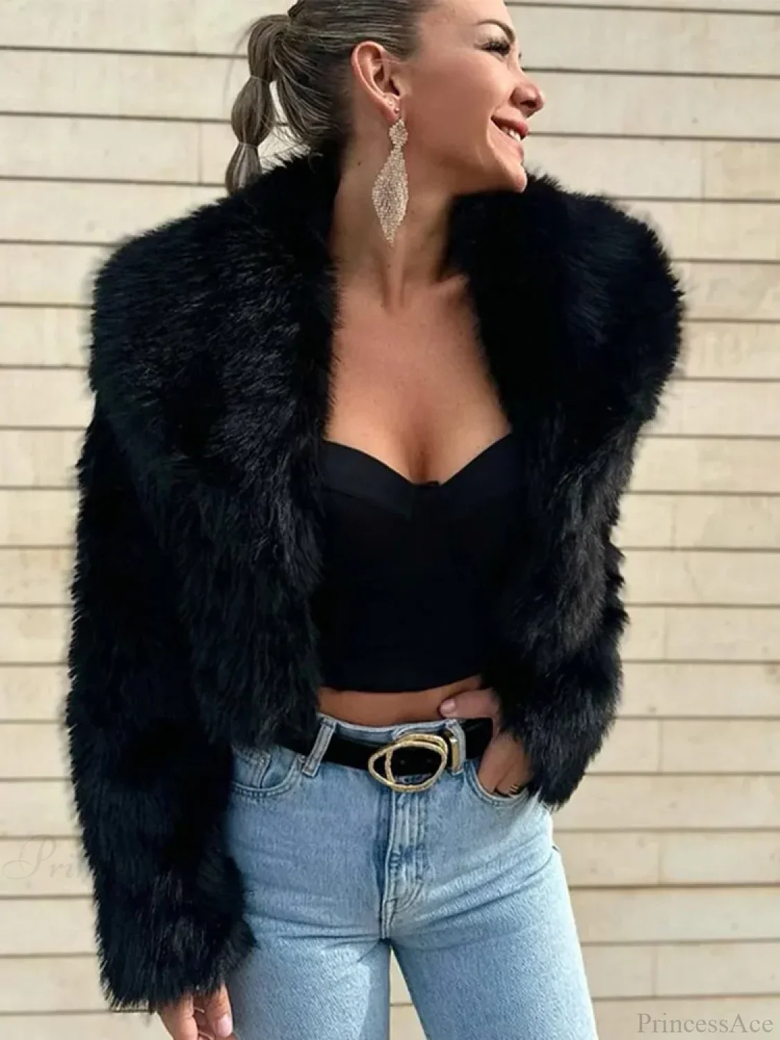 Black Faux Fur Effect Short Coat - Image 3