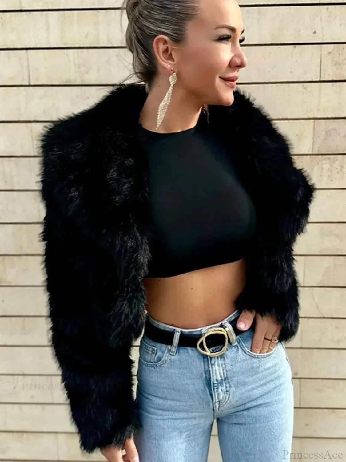 Black Faux Fur Effect Short Coat - Image 4