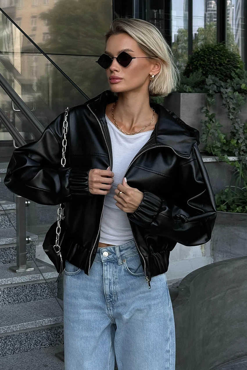 Black Faux Leather Hooded Loose Streetwear Jacket - Image 12