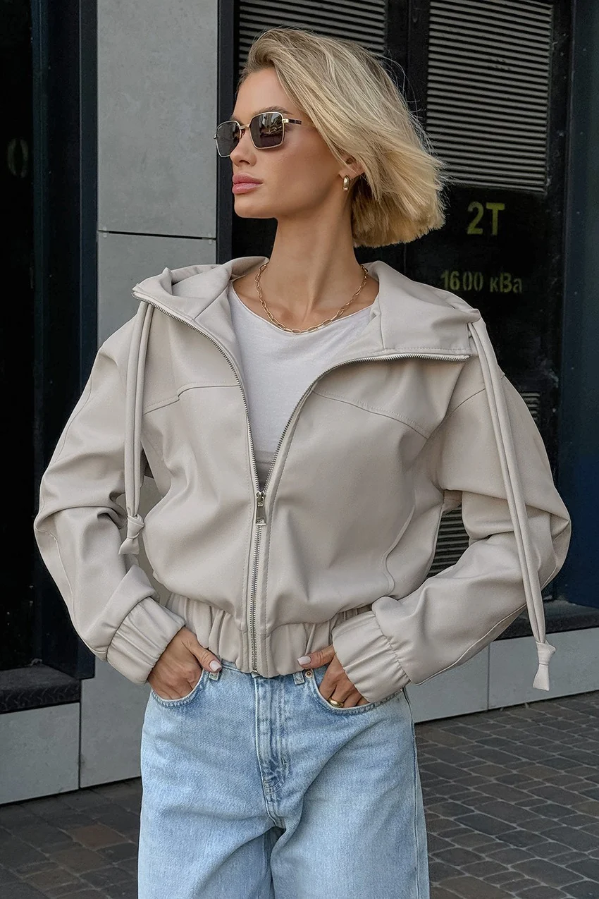 Black Faux Leather Hooded Loose Streetwear Jacket - Image 5