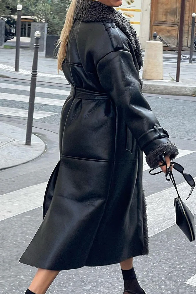 Black Faux Shearling Belted Casual Cool Overcoat - Image 5