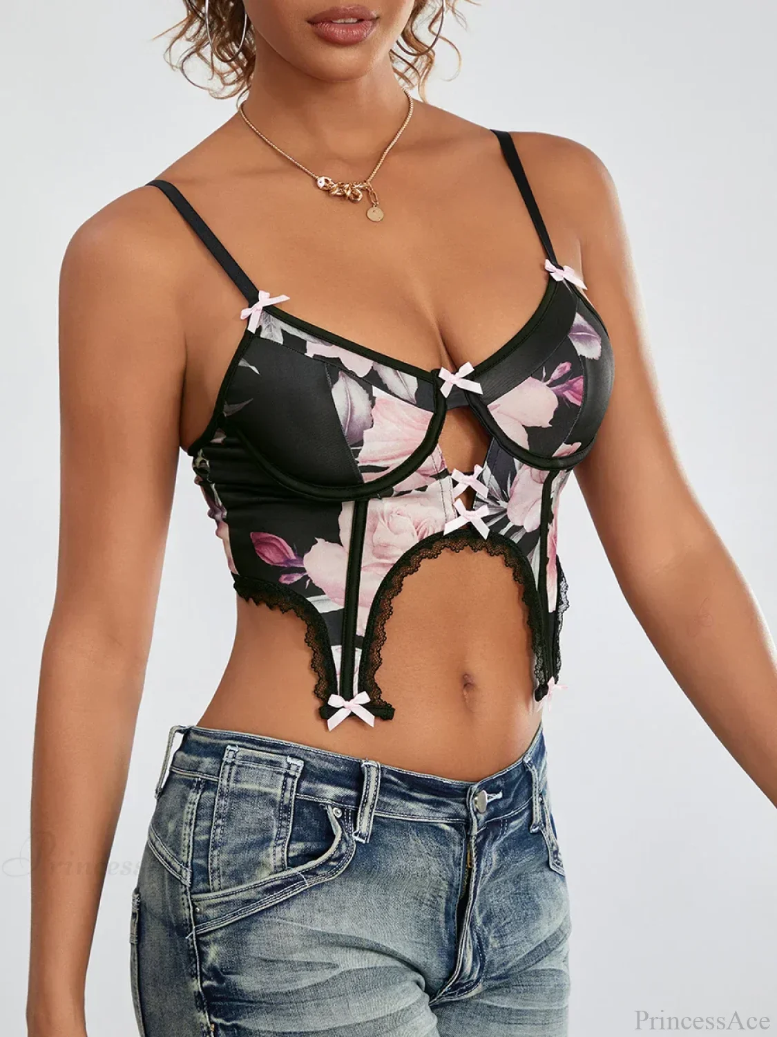 Black Floral Deep V Spaghetti Strap Backless Crop - Image 3