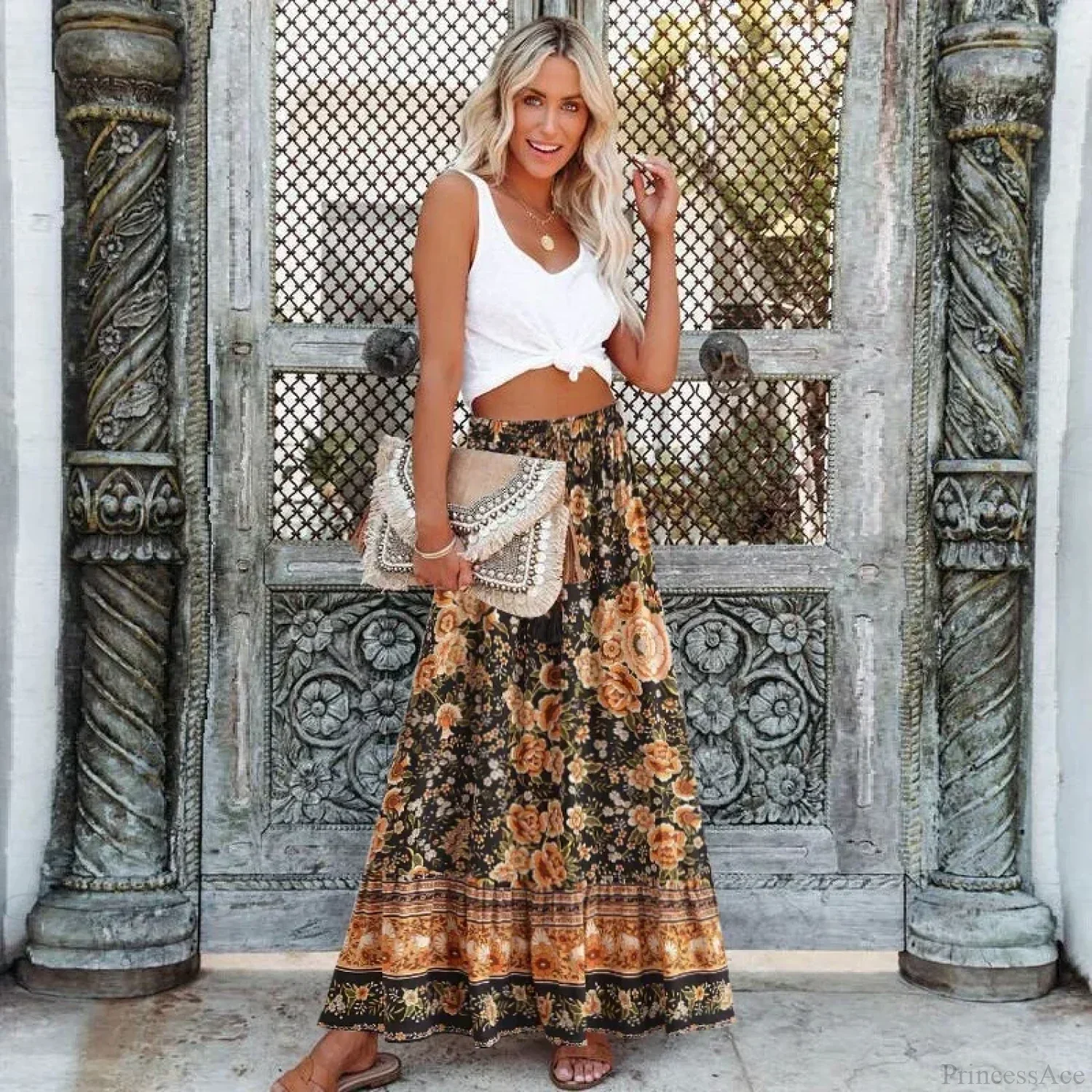Black Floral Print Pleated Bohemian Skirt Elastic Waist A-Line Rayon Maxi - Image 2