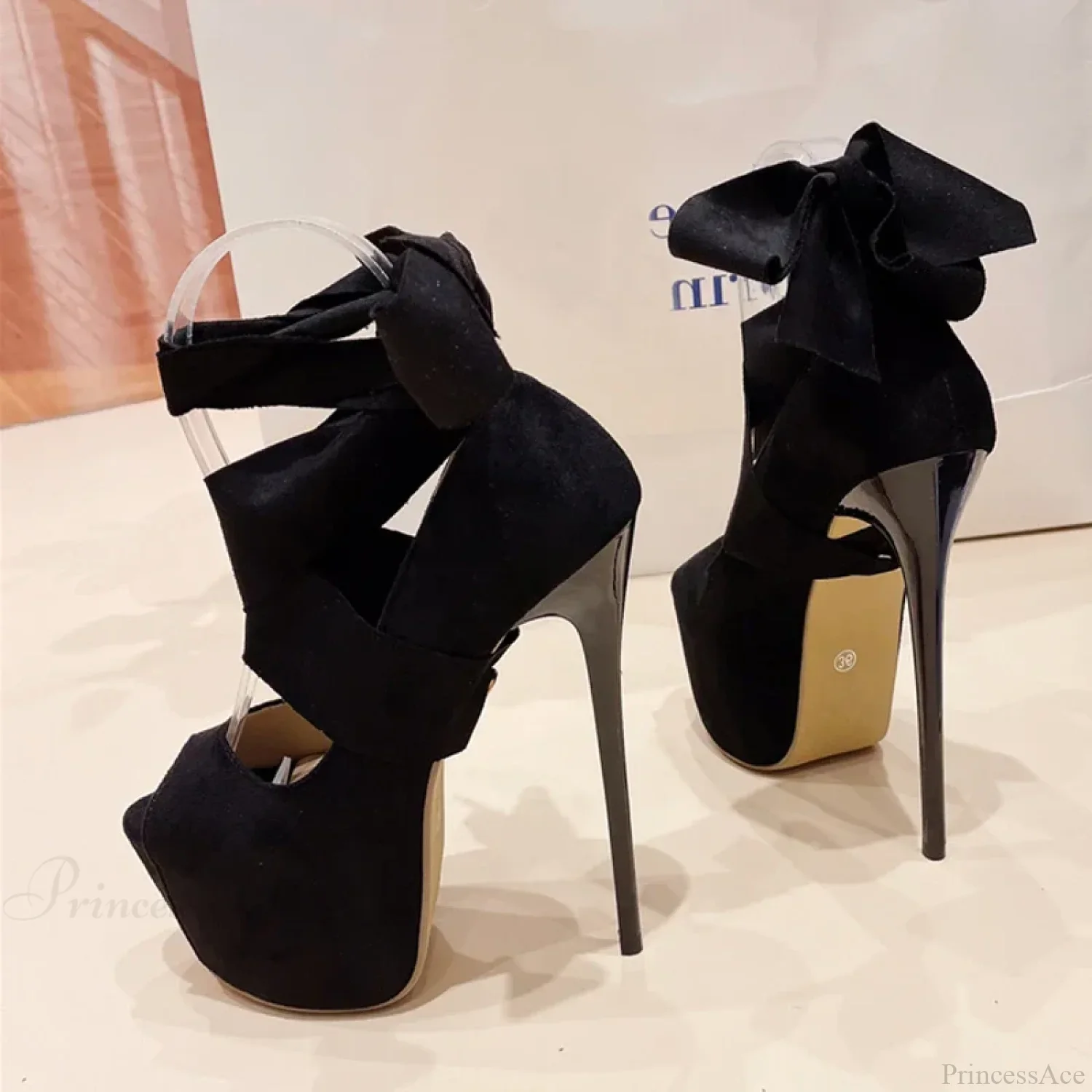 Black High HeelsFashion Ankle-Cross-Strap Platform Pumps Sexy Peep-Toe Party Dress Stiletto High Heel - Image 3