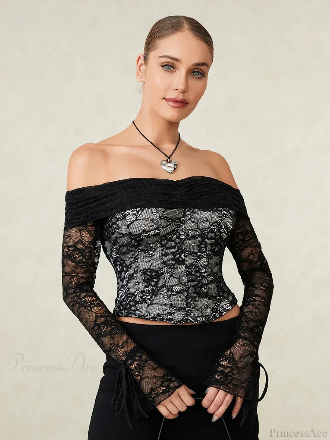 Black Lace Floral Sheer Off-shoulder Slim Corset Top - Image 3