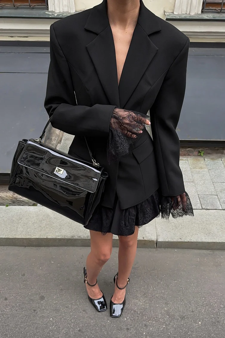 Black Lace Panel Blazer Jacket - Image 2