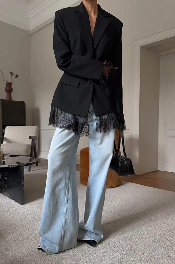 Black Lace Panel Blazer Jacket - Image 3