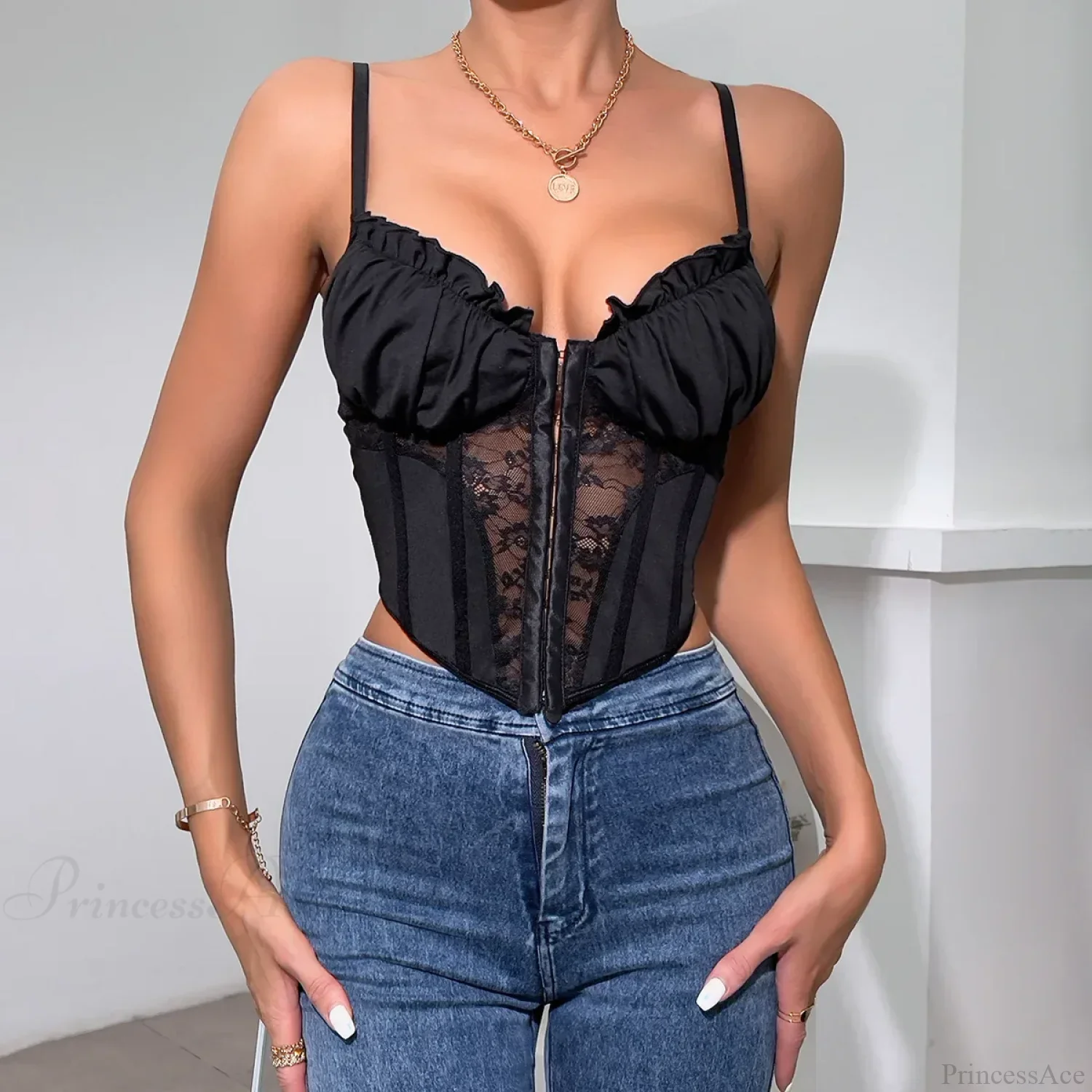 Black Lace Pleated Sheer Fishbone Spaghetti Top - Image 4