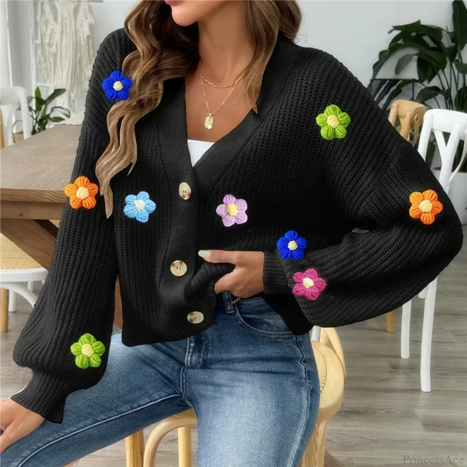 Black Lantern Sleeve Flower Button-Up Knitted Cardigan - Image 2