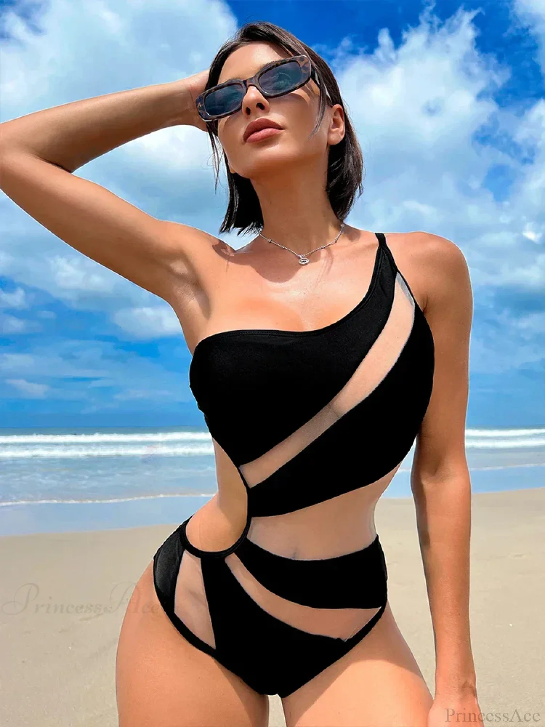 Black Mesh One Shoulder High Cut Monokini One Piece - Image 5