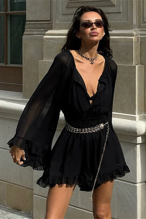 Black Mesh Sheer Ruched Waist Mini Dress