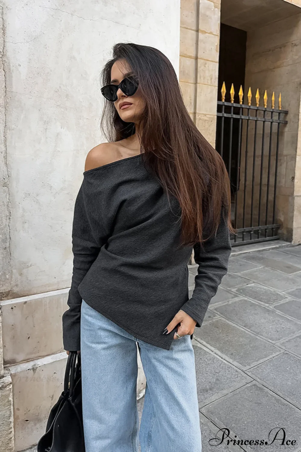 Black Off Shoulder Knit Slim Long Sleeve Tee - Image 2