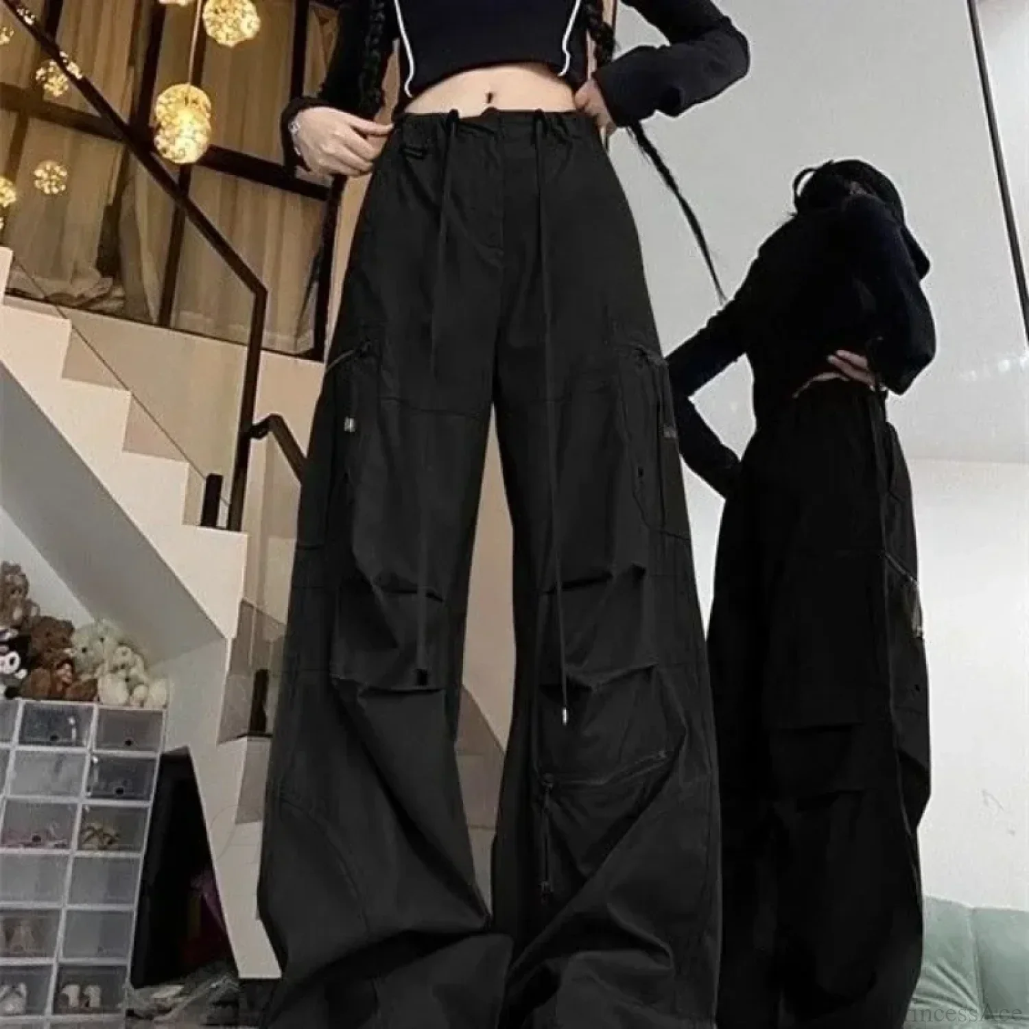 Black Parachute Cargo Pants Y2K Pants - Image 2