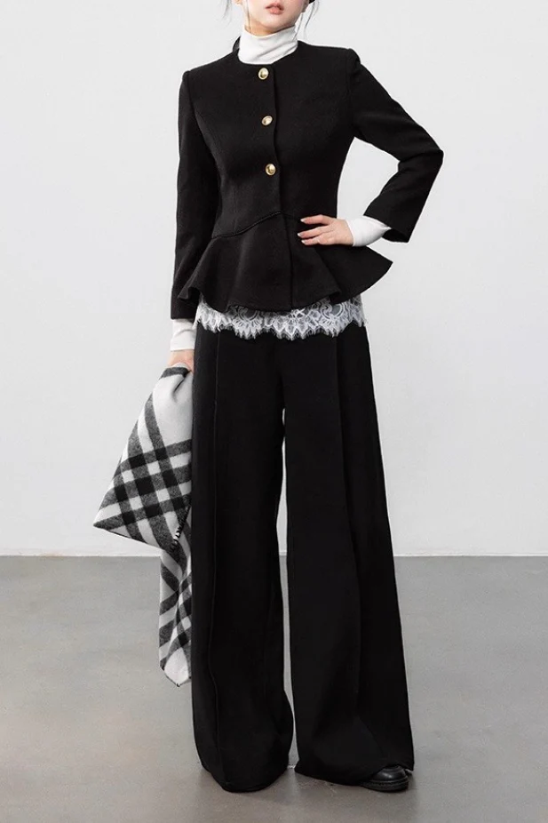 Black Pleated Waist Elegant Wool Coat - Image 4