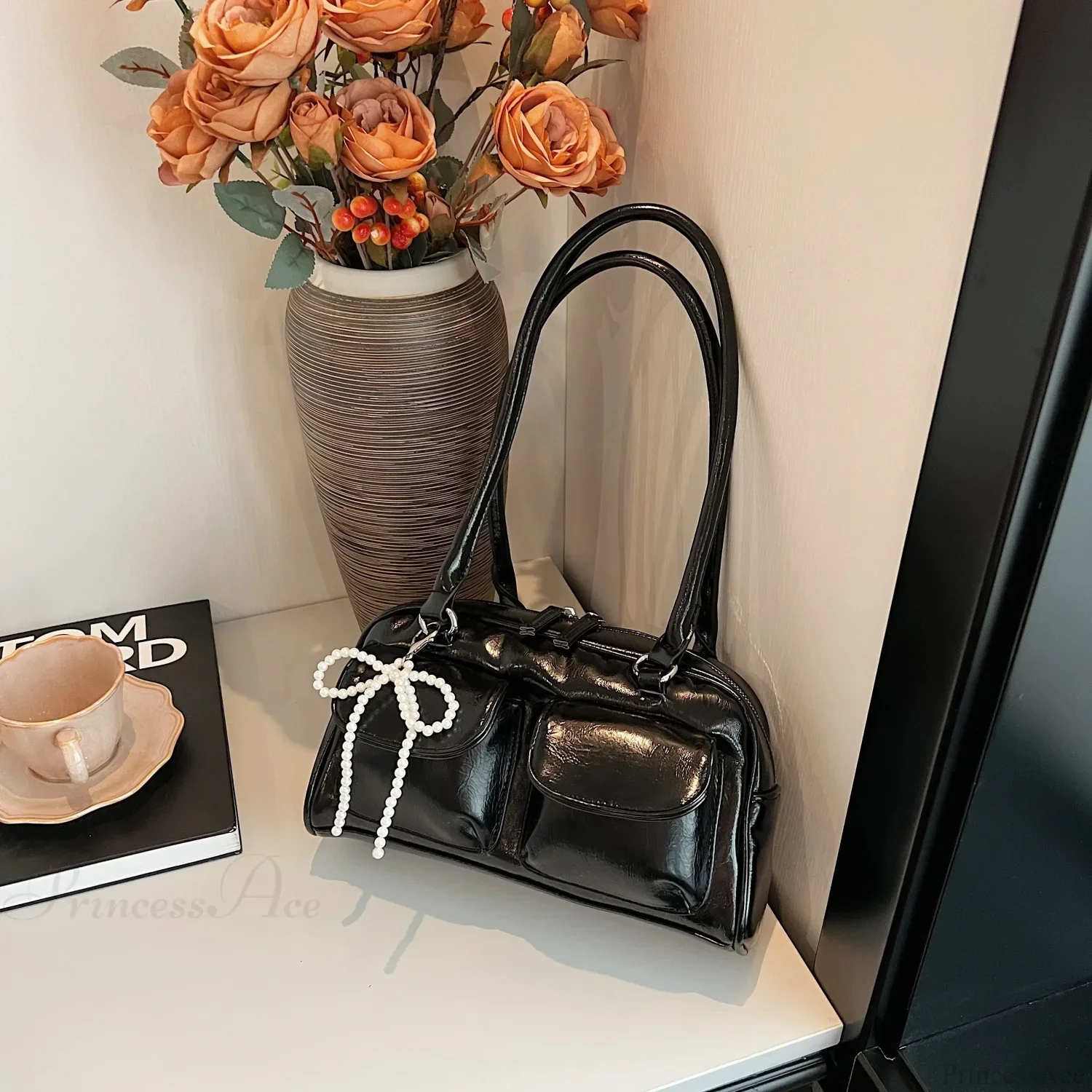 Black PU Leather Casual Shoulder Bag - Image 8