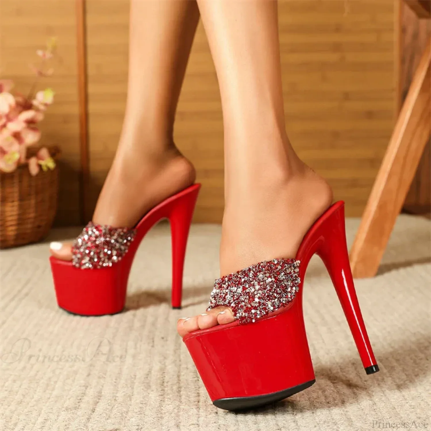 Black Red Sequined Transparent Platform Peep-Toe SexyFashionable Slippers Stripper High Heel - Image 3