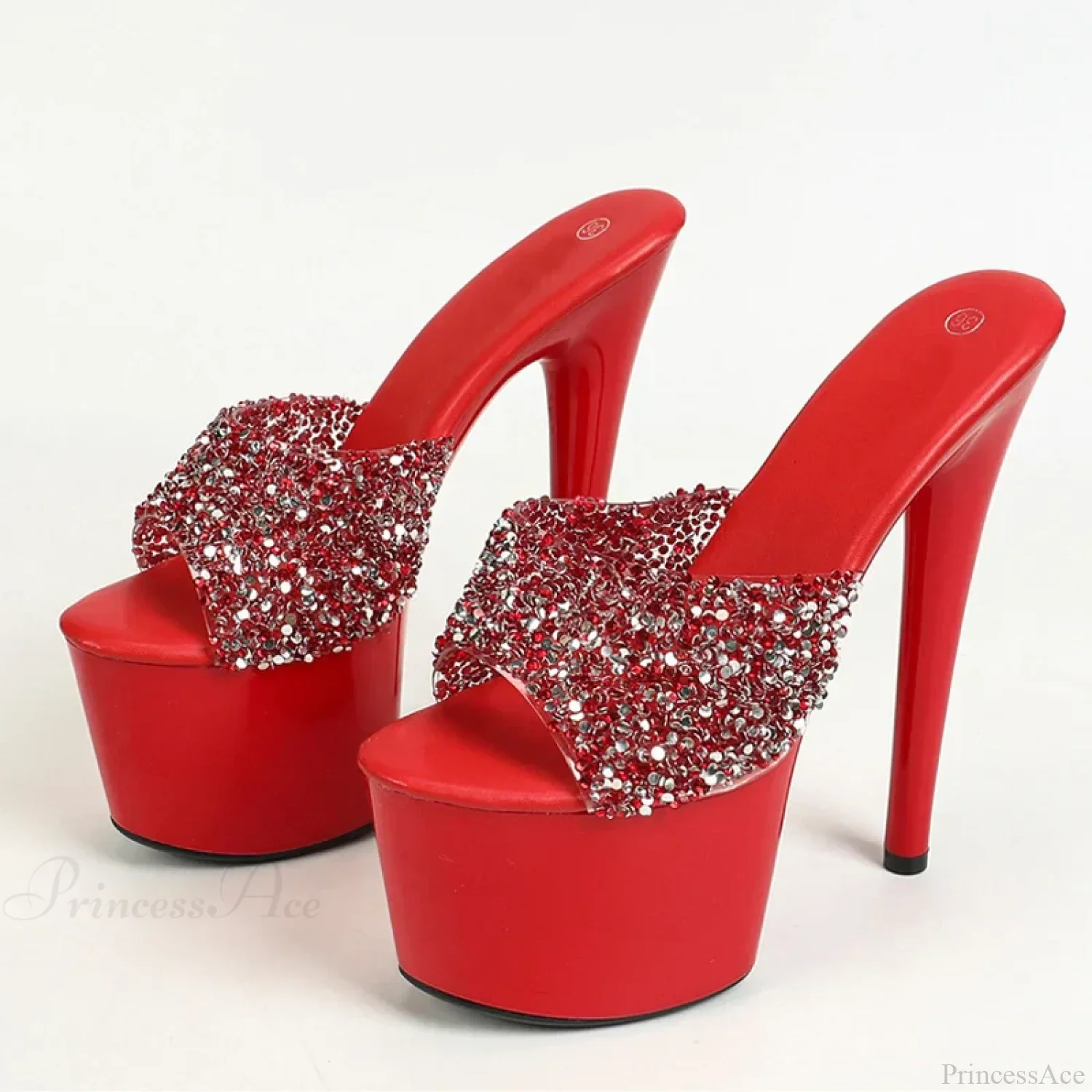 Black Red Sequined Transparent Platform Peep-Toe SexyFashionable Slippers Stripper High Heel - Image 4