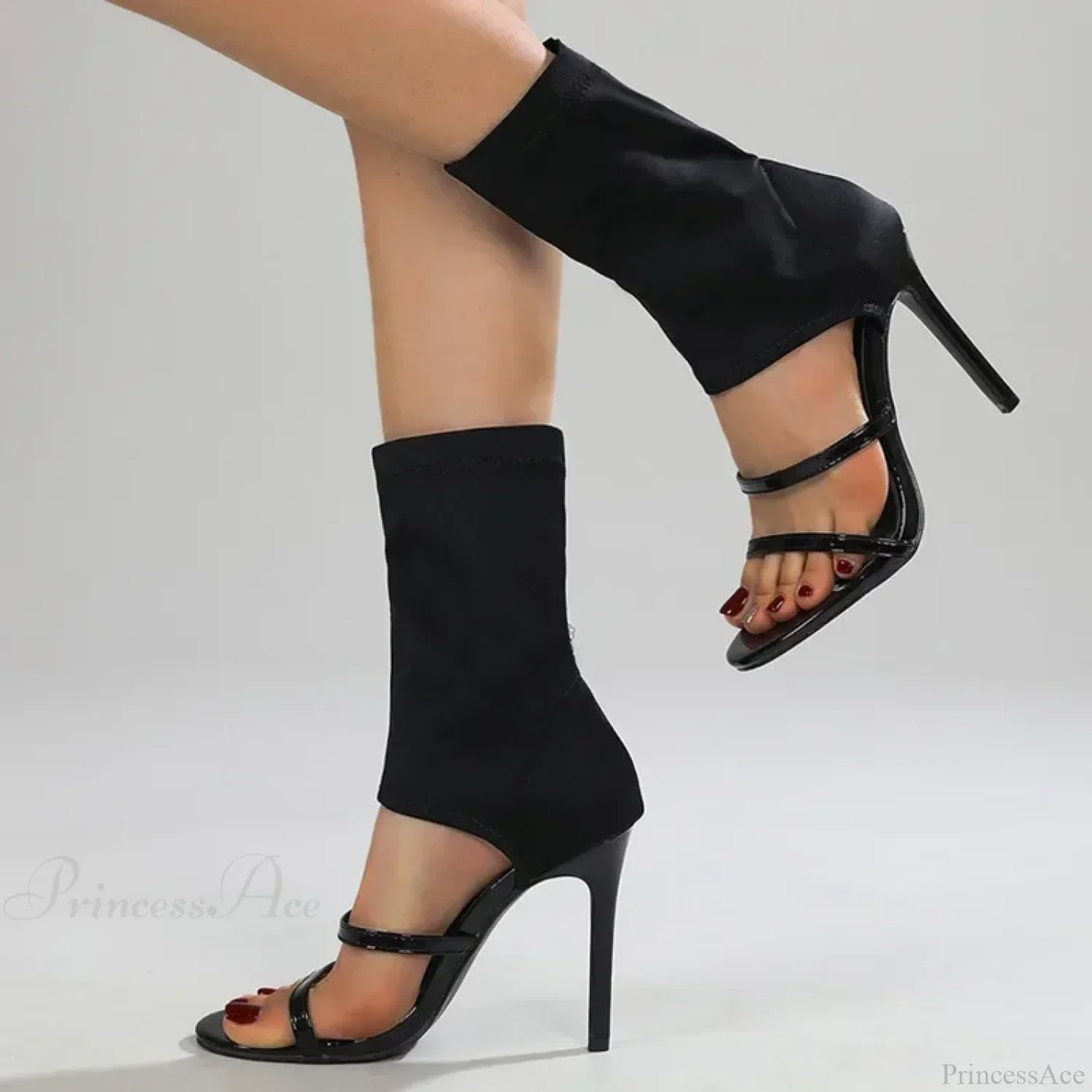 Black Roman Elastic Fabric Sexy Peep Toe Slip-on Thin High Heel Mid Calf Cool Booties Modern High Heel - Image 5