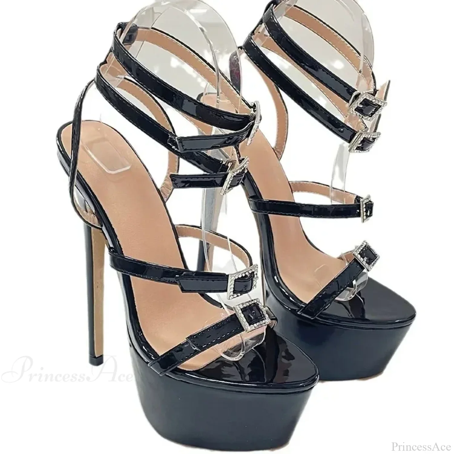 Black Round Head Platform Peep Toe Rhinestone BeltBuckle Strap 16CM Thin High Heels Wedding Banquet High Heel - Image 5