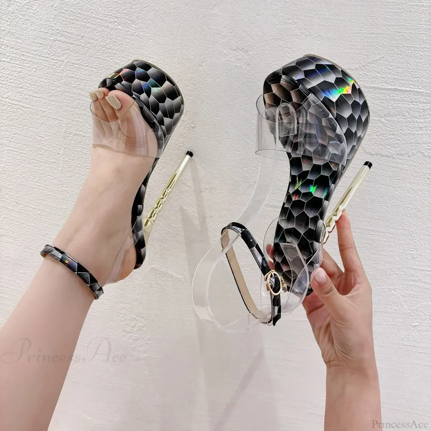 Black Sexy Mesh Butterfly-knot Decoration One Word Peep ToeBuckle Strap Cover Heel Thin High Heeled Banquet High Heel - Image 2