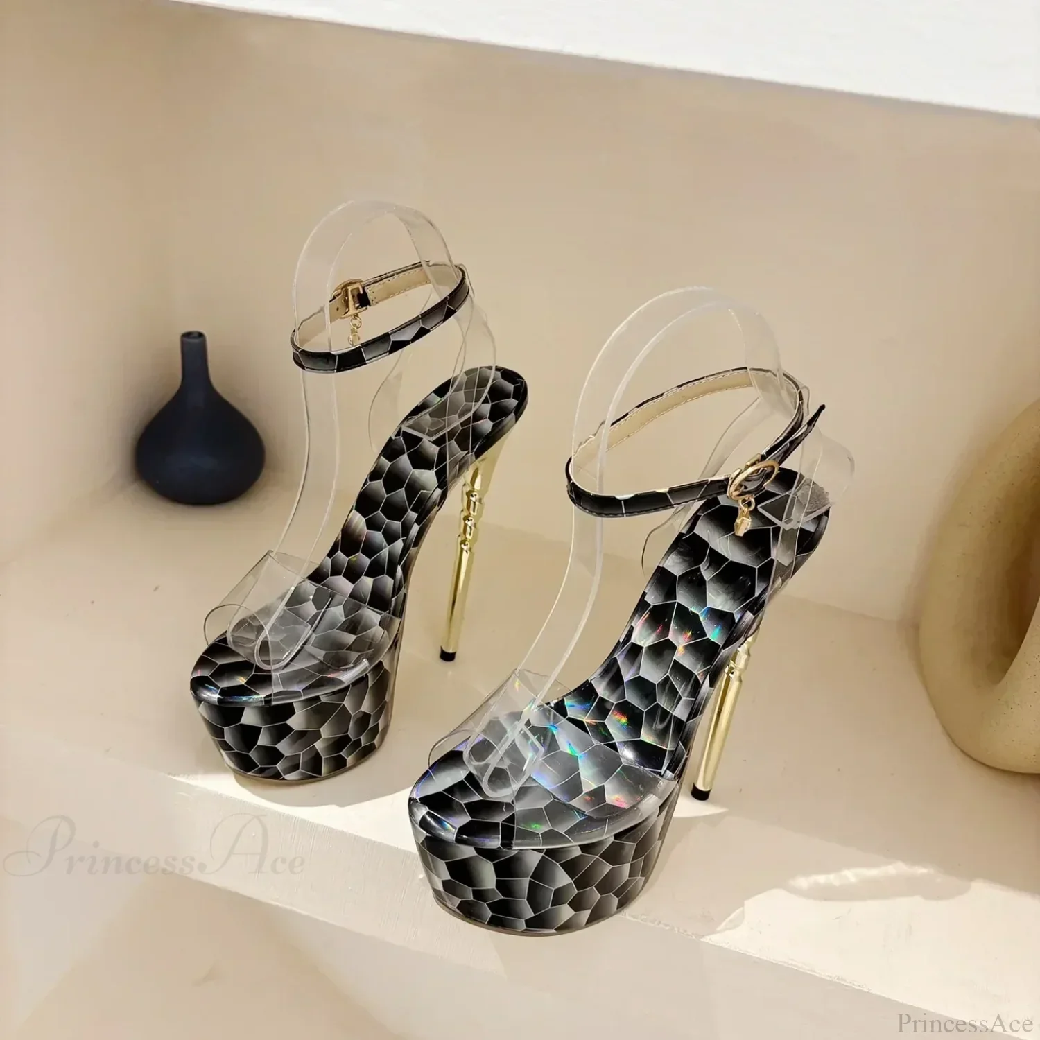 Black Sexy Mesh Butterfly-knot Decoration One Word Peep ToeBuckle Strap Cover Heel Thin High Heeled Banquet High Heel - Image 5