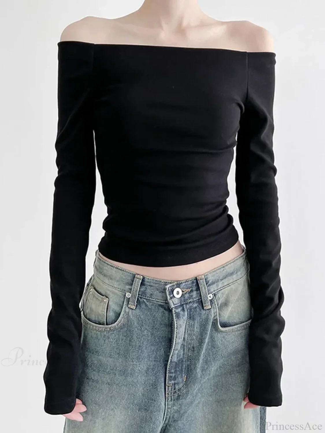 Black Slash Neck Elegant Long Sleeve Slim Knit Top