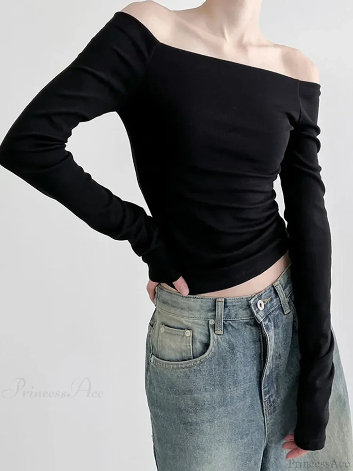 Black Slash Neck Elegant Long Sleeve Slim Knit Top - Image 2