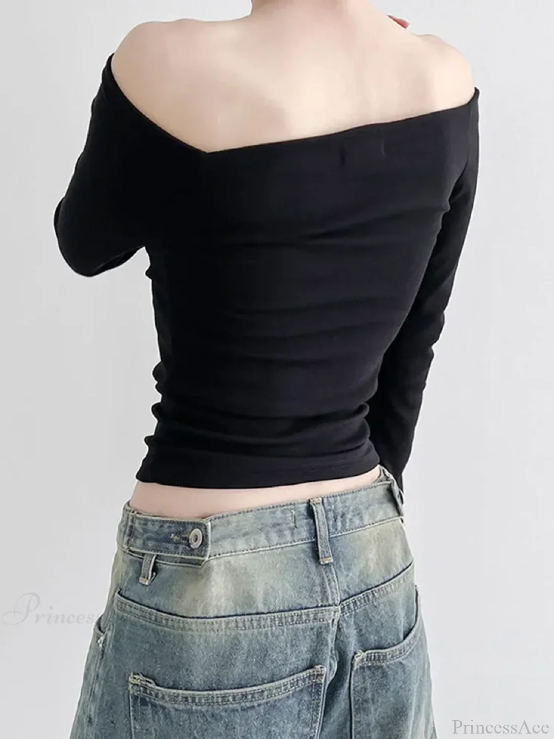 Black Slash Neck Elegant Long Sleeve Slim Knit Top - Image 3