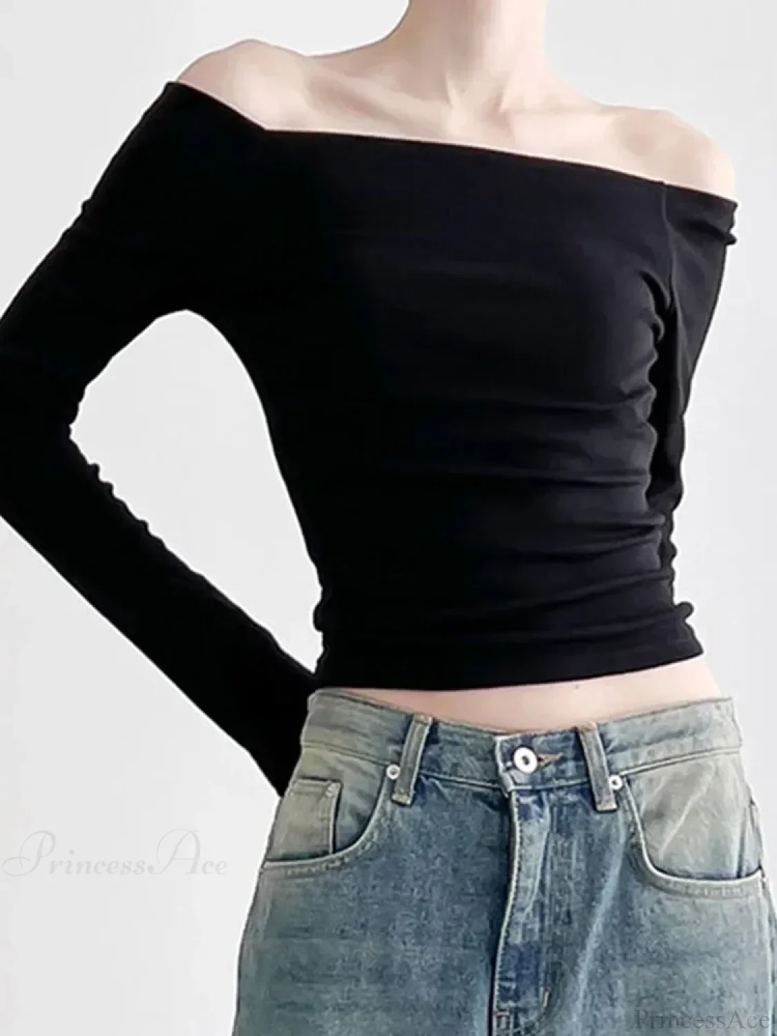 Black Slash Neck Elegant Long Sleeve Slim Knit Top - Image 4