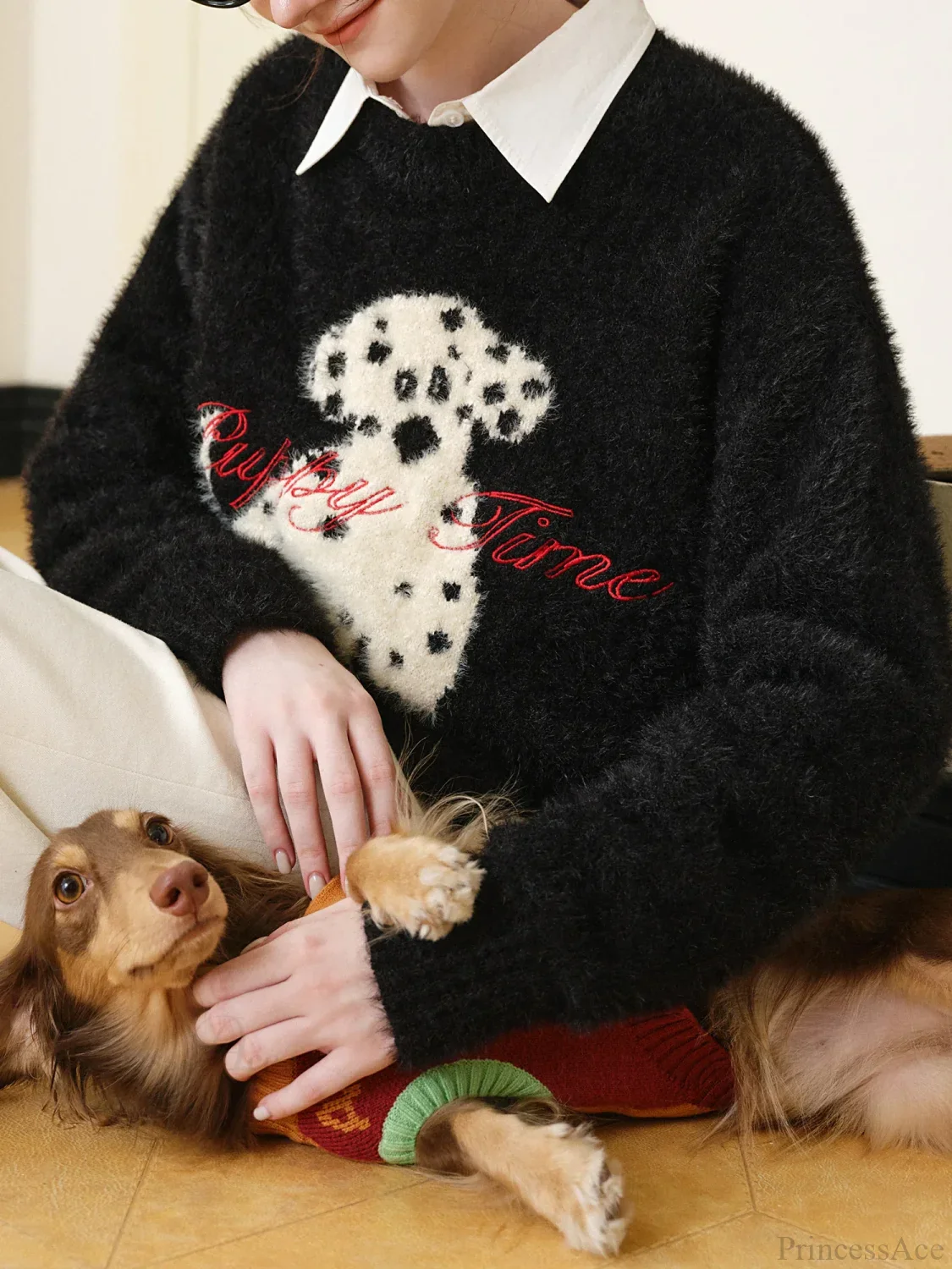 Black White Contrast Dalmatian Embroidered Sweater - Image 2