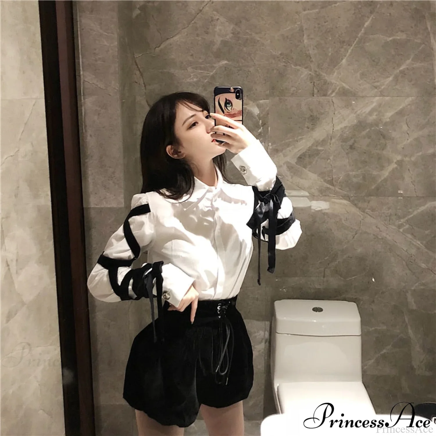 Blous Top Womens Spring Long Ribbons Arm Casual Black Stitching Office Blouse Lady Blouse - Image 2