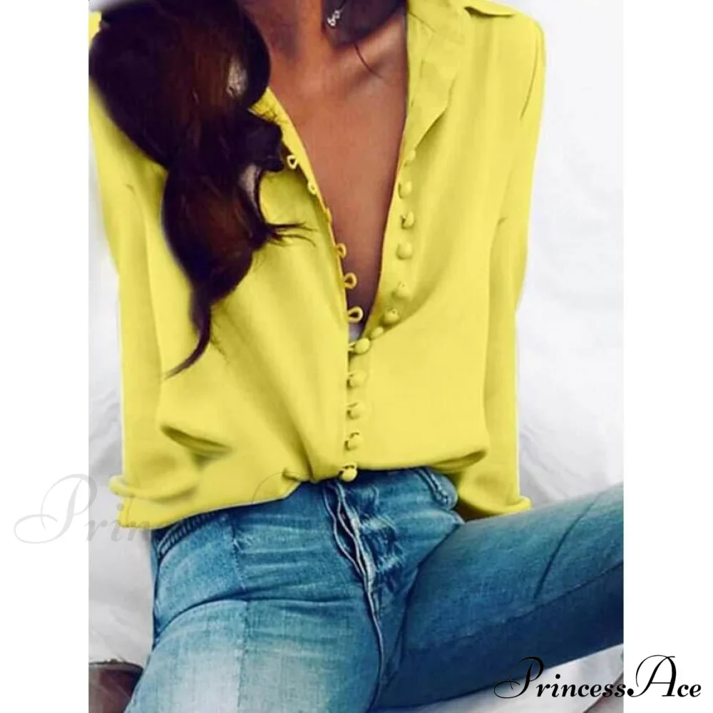 Blouse Blouse Women's - Neck Arm Solid V Long Button with Basic Colored Tops