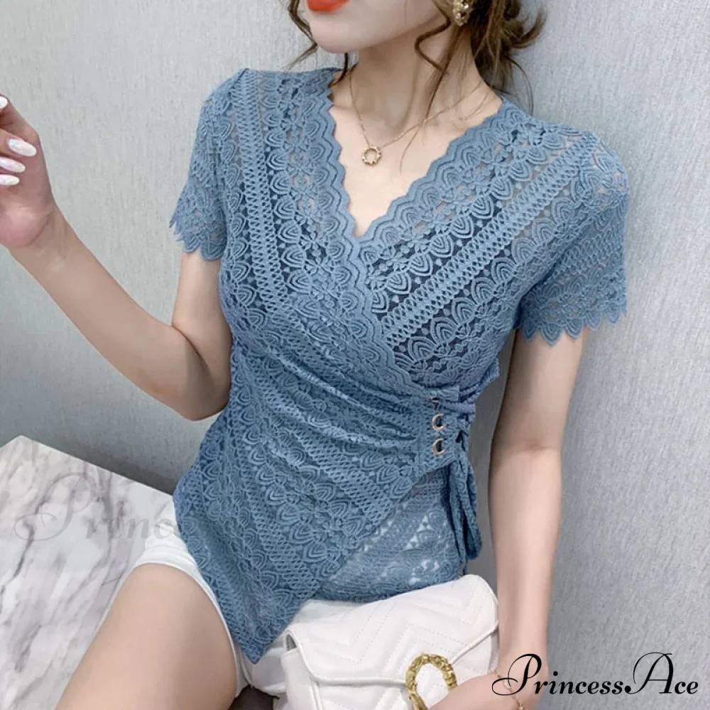 Blouse Lace Hollow Tops Size Blouse Out Plus Sexy Warm-Season V-Neck 5XL Women Arm Brief Blusas - Image 4