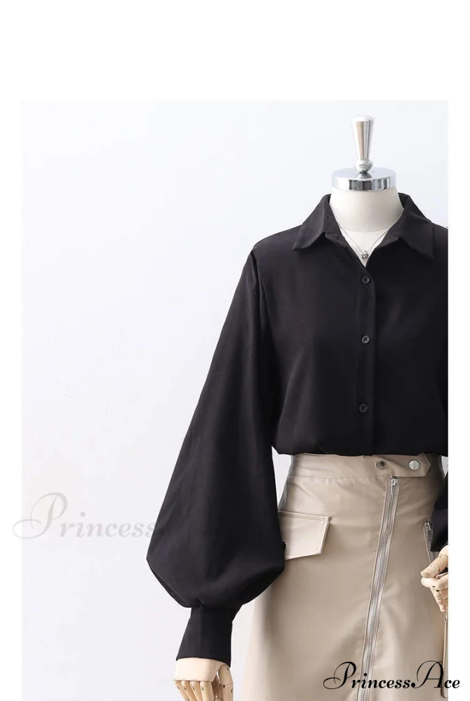 Blouse Lantern Women's Blouse White Sleeves Button Up with Vintage Black - Image 12