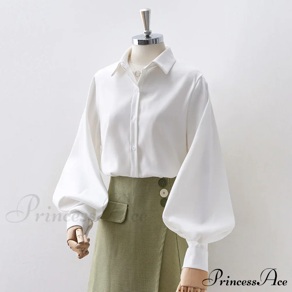 Blouse Lantern Women's Blouse White Sleeves Button Up with Vintage Black - Image 2