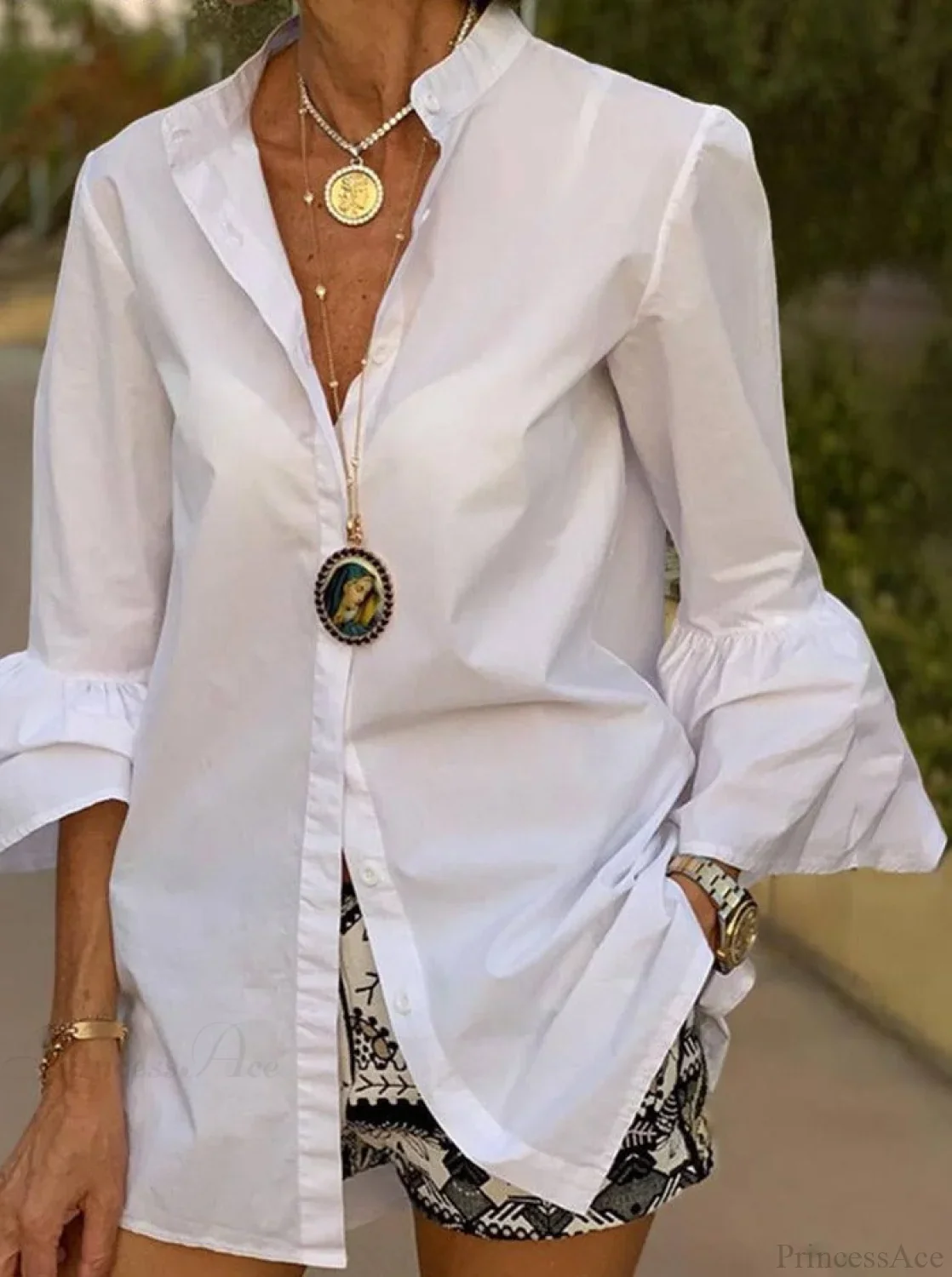 Blouse Office Arm - V Button Women's Flare Up White Neck Blouse - Image 2