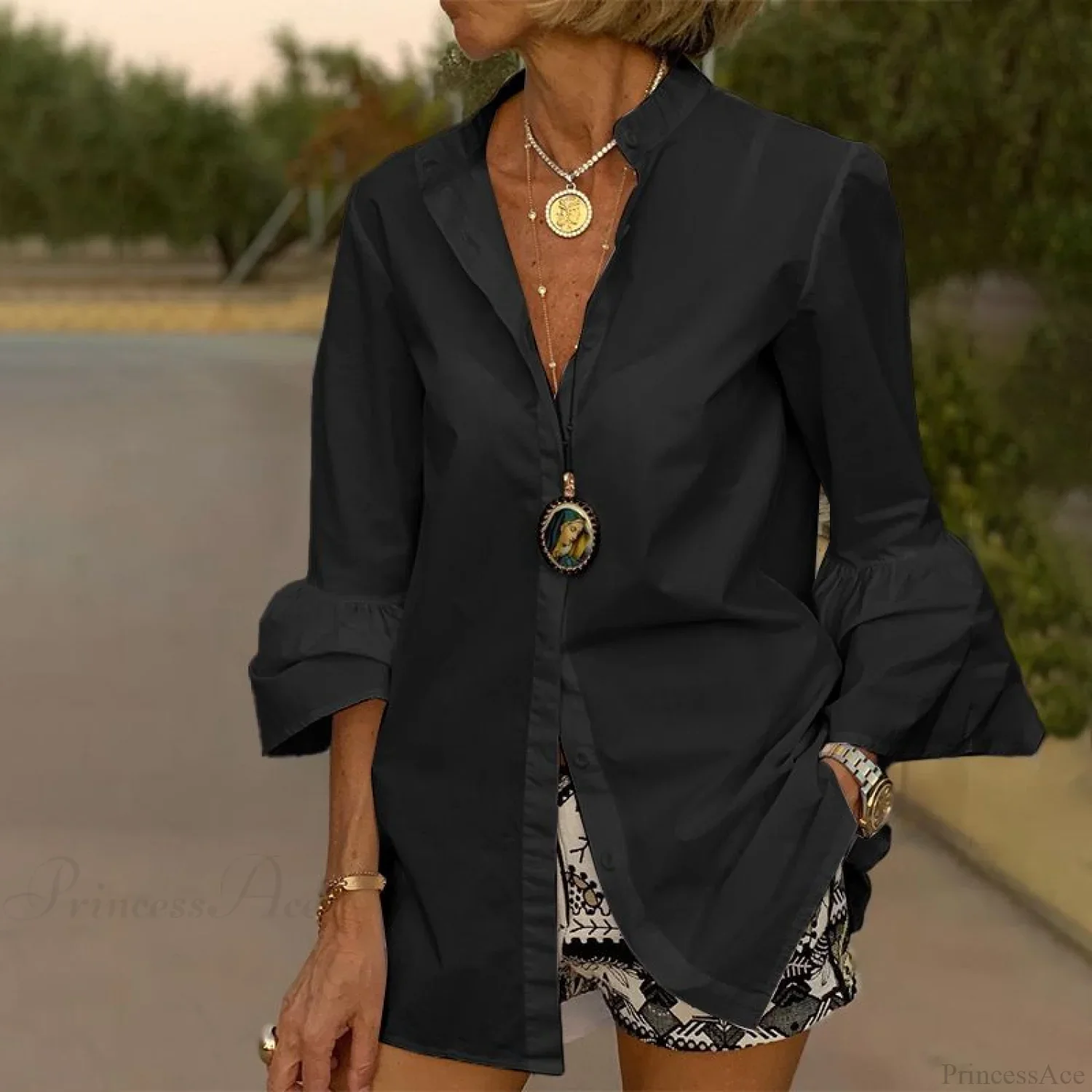 Blouse Office Arm - V Button Women's Flare Up White Neck Blouse - Image 4
