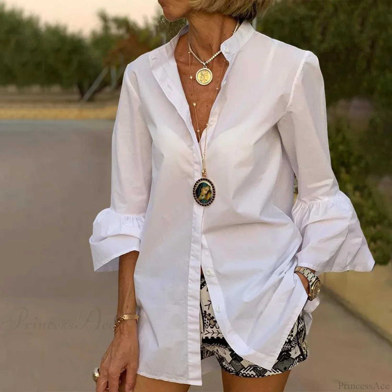 Blouse Office Arm - V Button Women's Flare Up White Neck Blouse - Image 5