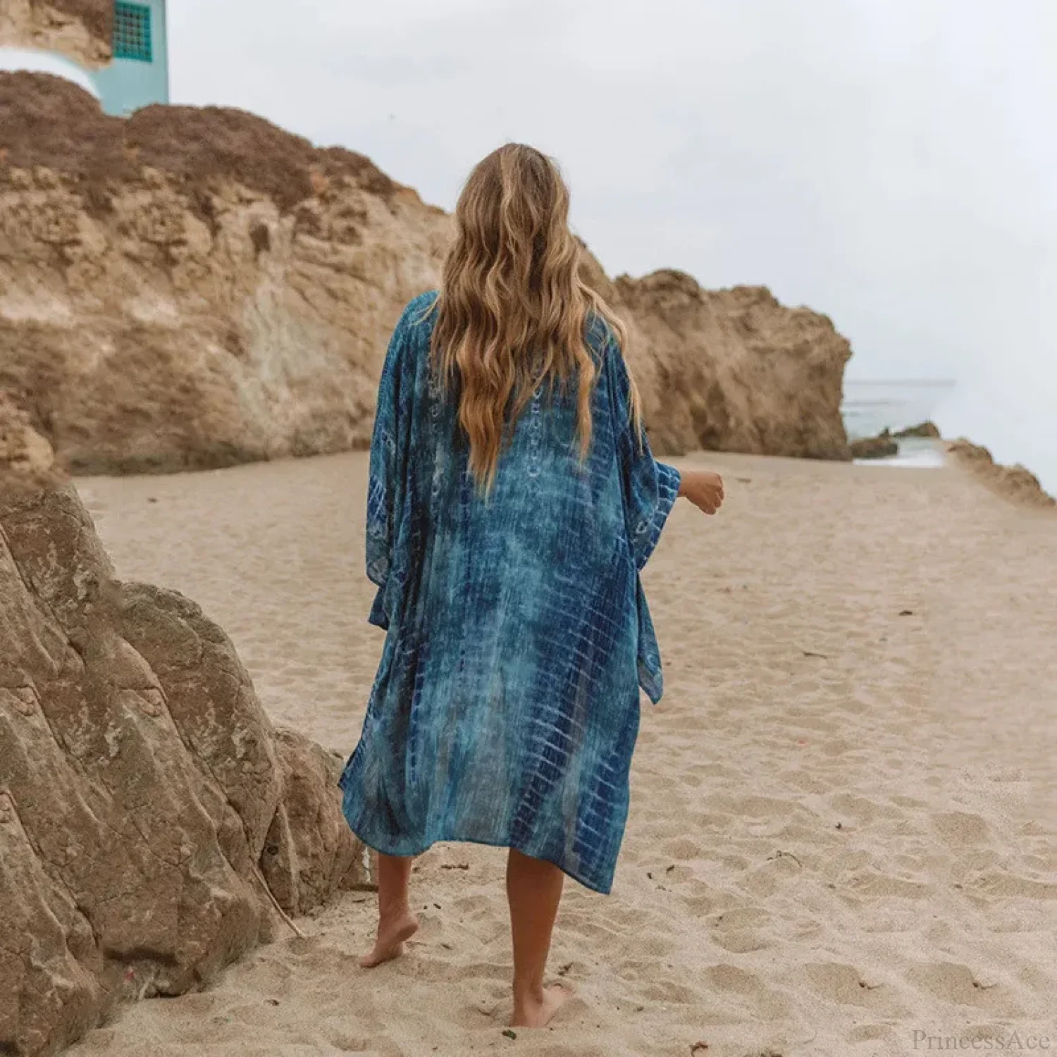 Blue Cotton Print Boho Kimono Bikini Cover Up - Image 3