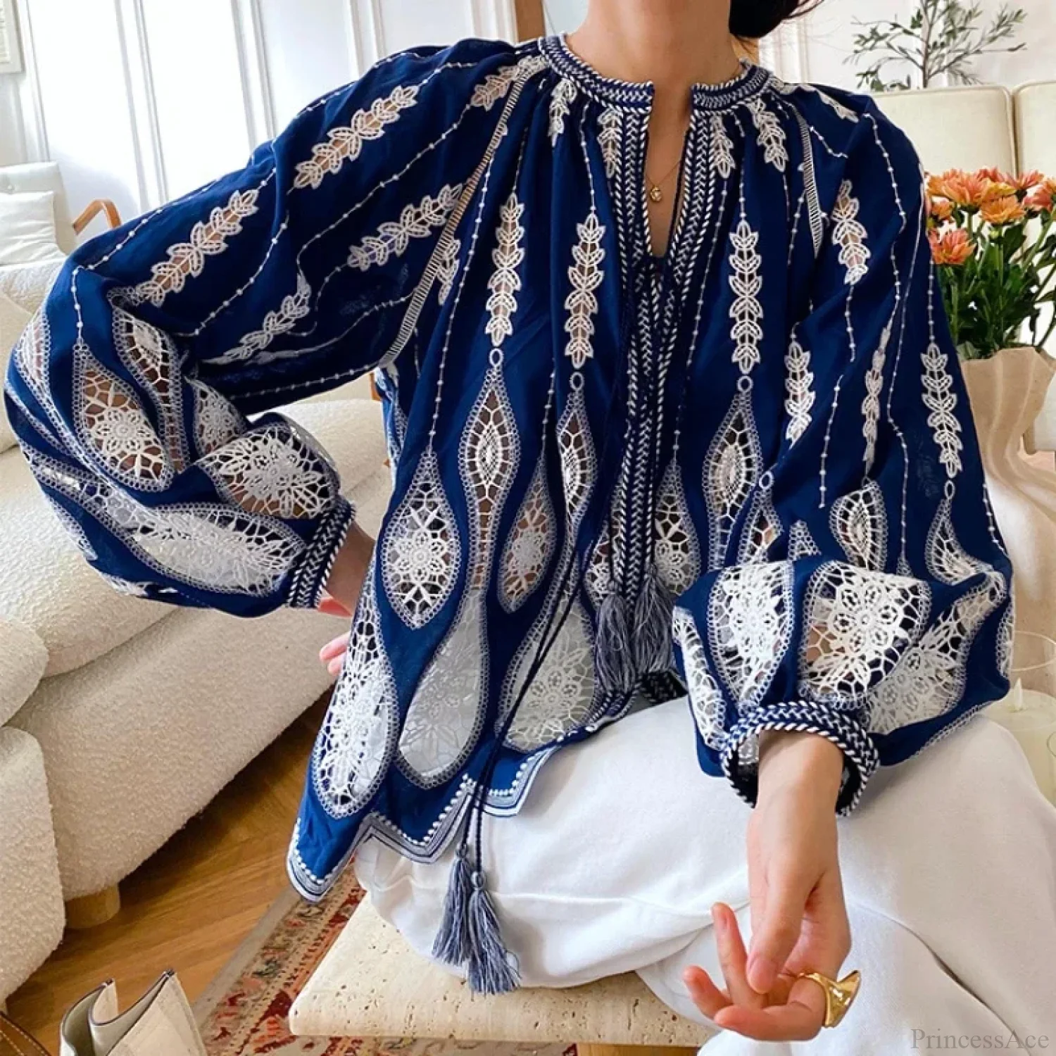 Blue Embroidery Lantern Sleeve Ethnic Boho Blouse - Image 2