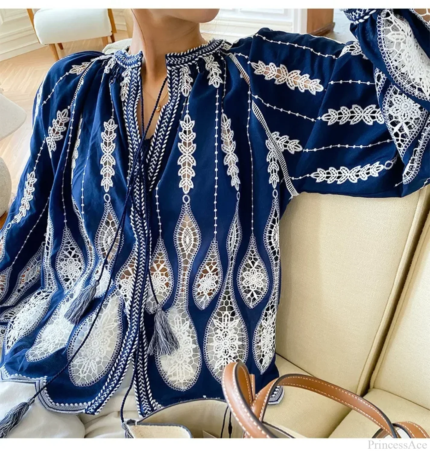 Blue Embroidery Lantern Sleeve Ethnic Boho Blouse - Image 4