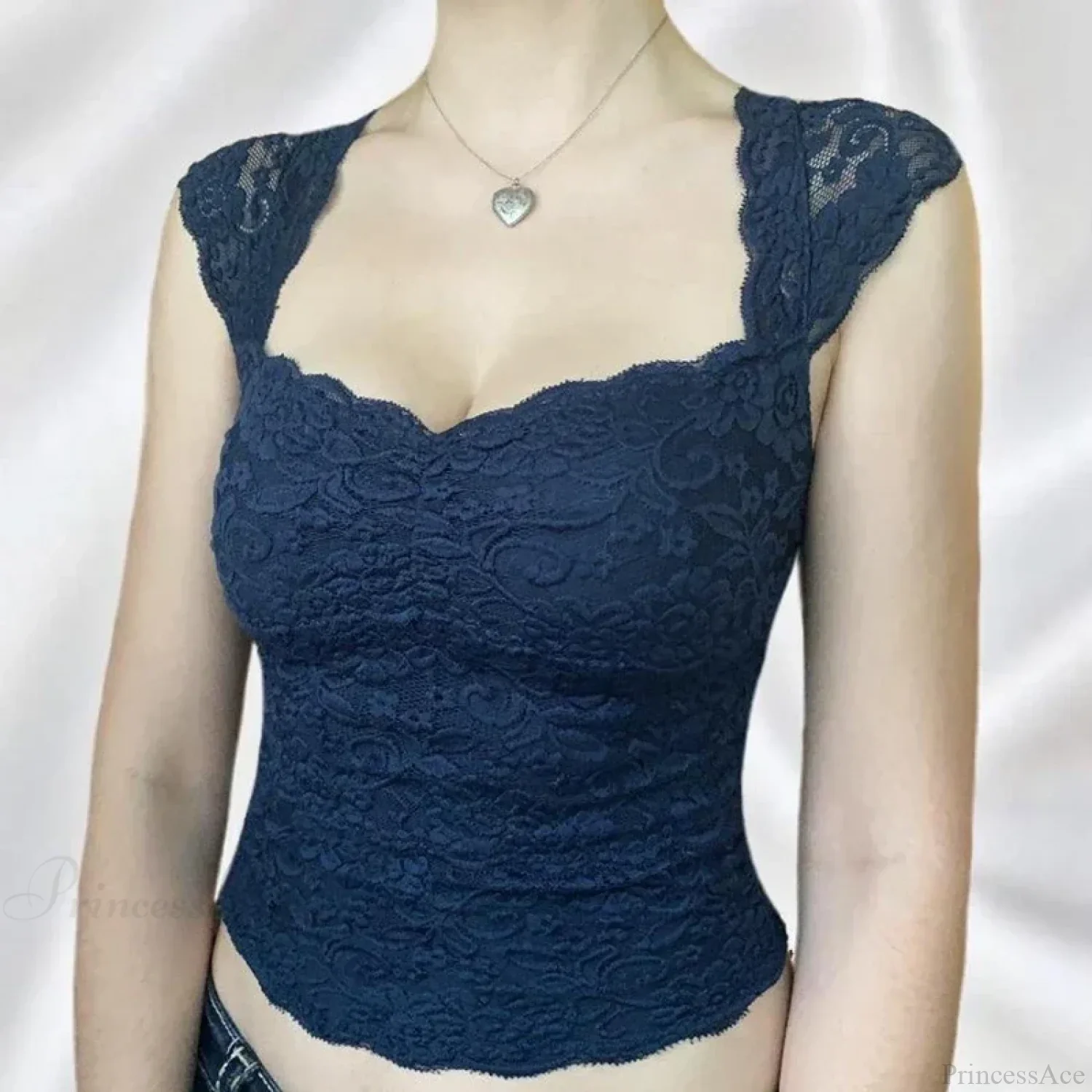 Blue Floral Lace Milkmaid Y2K Crop Top - Image 3