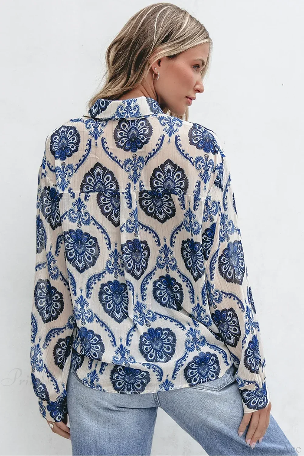 Blue Floral Printed Long Sleeve V-Neck Boho Blouse - Image 2