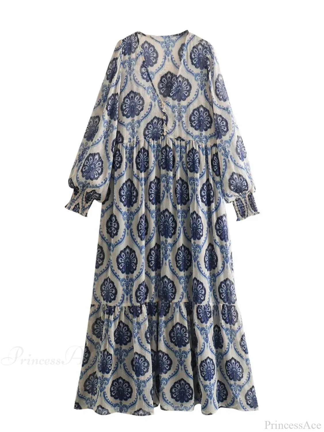 Blue Floral Printed Long Sleeve V-Neck Boho Blouse - Image 7