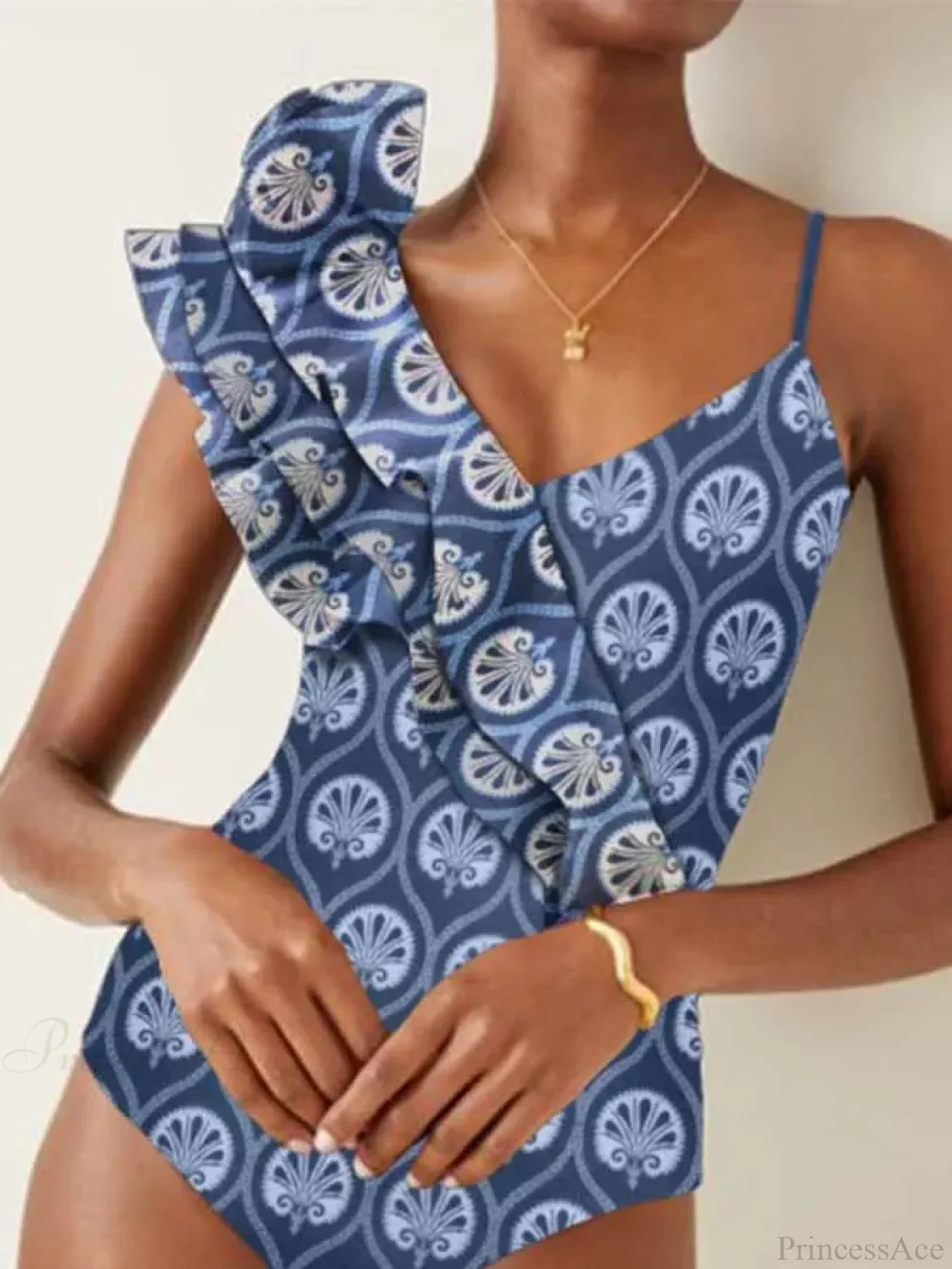 Blue Printed Deep V One Piece Swimsuit - Image 3